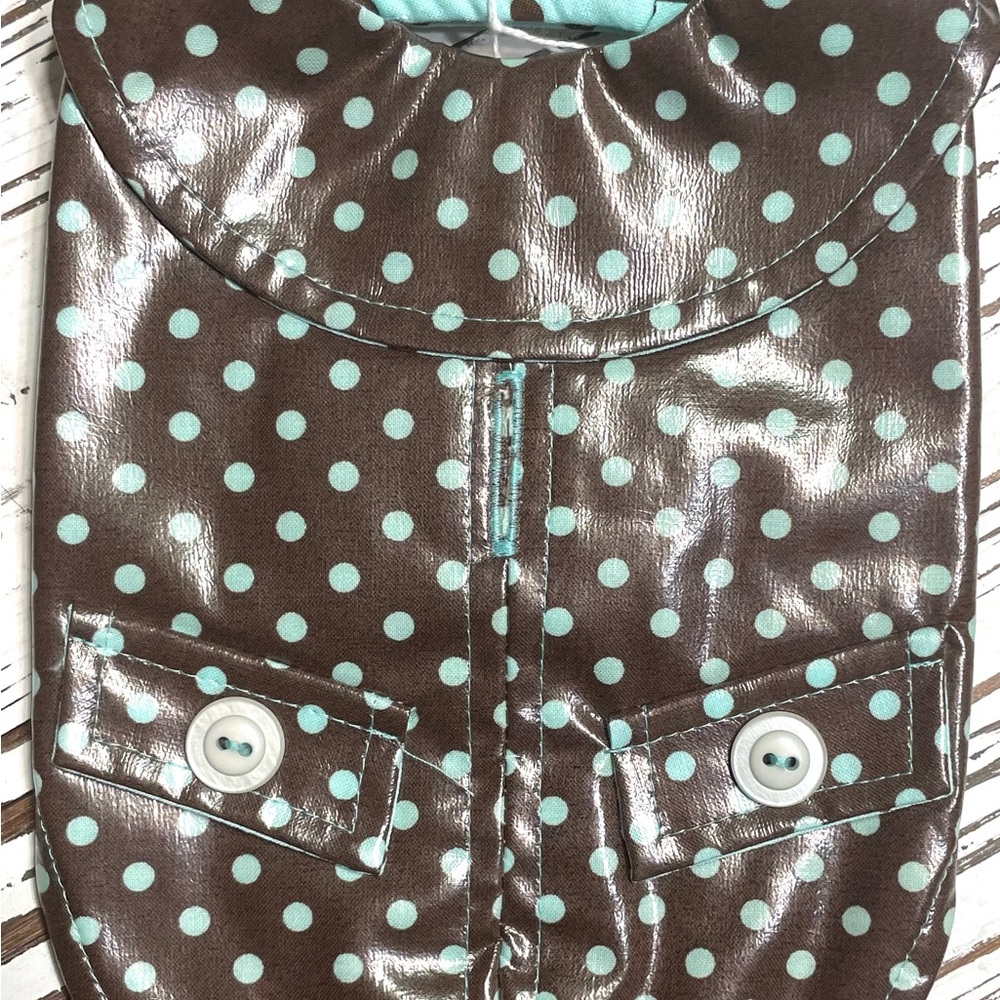 Brown with Blue Polka Dot Rain Jacket
XS 
Length 8”